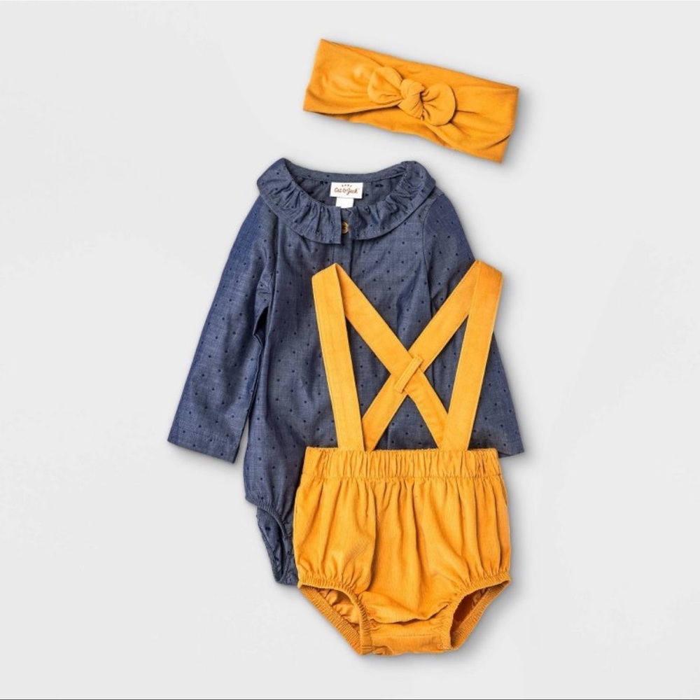 🥰Baby chambray convertible braced bloomer Top, Matching Bottom with headband🤩
